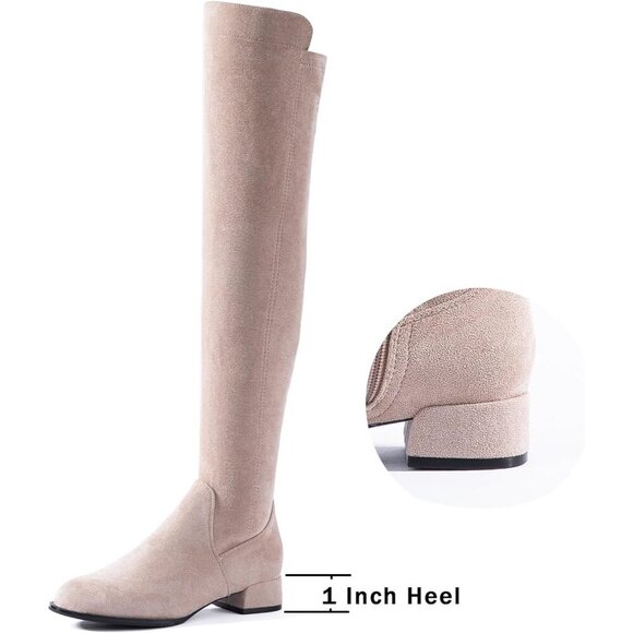 Women Neutral/1in Suede Over the Knee Thigh High Chunky Block Heel Winter Boots - Picture 3 of 6